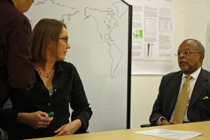 Joanna Mountain, a 23andMe senior scientist, and Prof. Henry Louis Gates Jr. prepare for filming of an episode of Finding Your Roots.