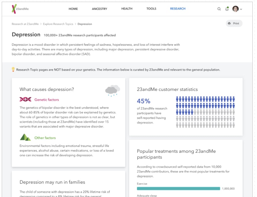 An image from the health conditions page showing results around depression.