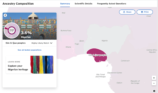 A map of western Africa showing area within Nigeria where Edo and Ijaw people live.