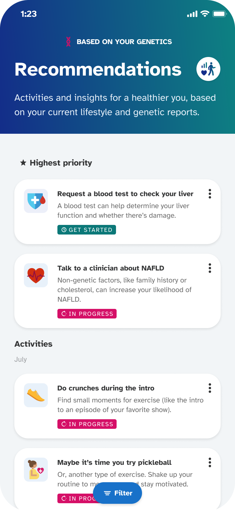 An image of the mobile version of the Health Action Plan recommendations page.
