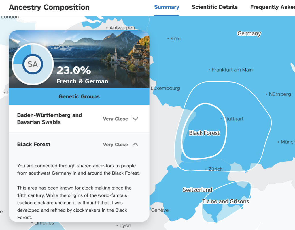 A map of the area around Baden-Wurttemberg and Bavarian Swabia that is part of the Ancestry Composition for people with Germanic ancestry from that area.